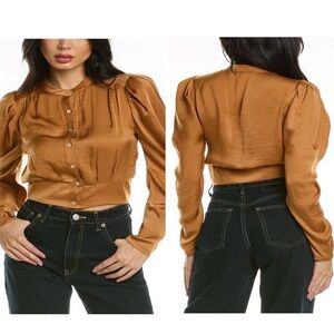 Stellah Puff Sleeve Crop Shirt Brown Sz. S